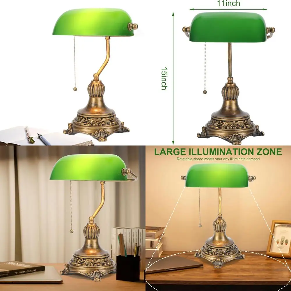

Retro Green Glass Bankers Lamp with Pull Switch, Vintage Desk Light in Black/Gold for Living Spaces and Piano Rooms
