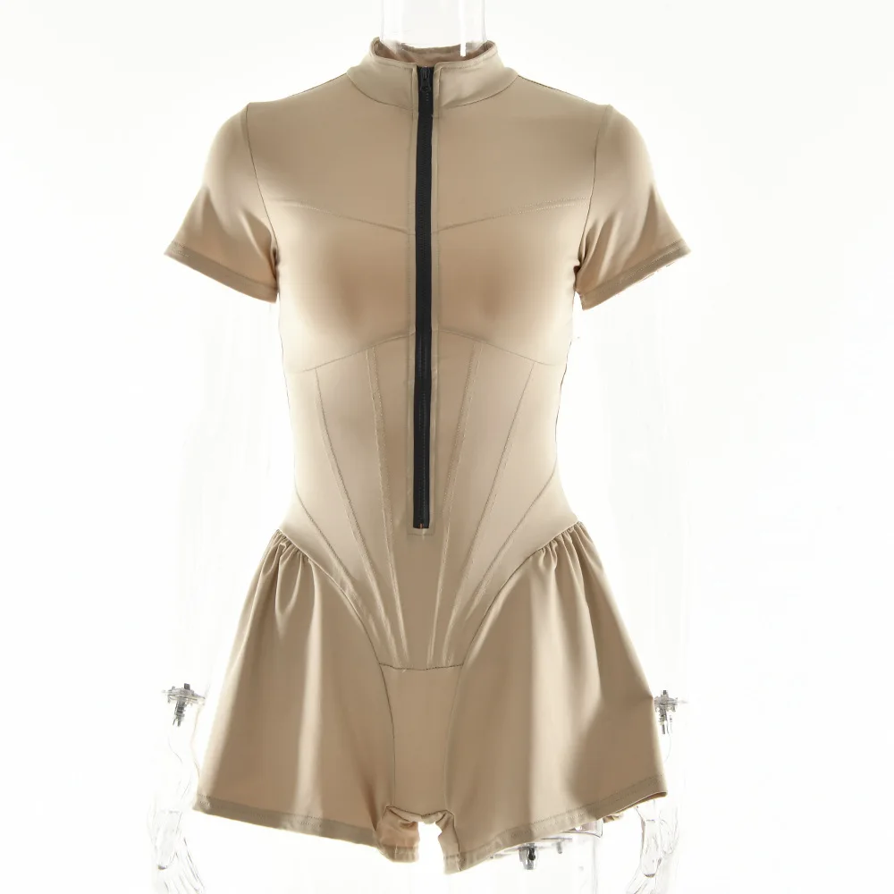 핫 세일 섹시 타이트 드레스 점프수트 가을 신상 여성 라운드 넥 반팔 지퍼 베이스 셔츠