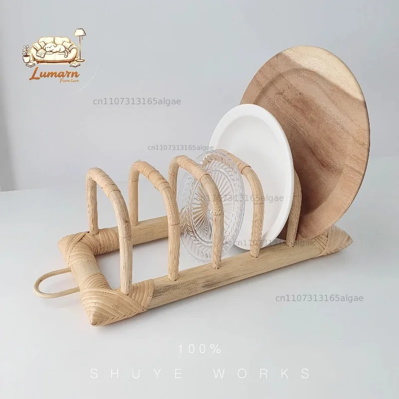 Ins Storage Holders Natural Vine Weaving Magazine Rack Desktop 5-Grid Book Shelf Tableware Tea Cake Organize Shelf