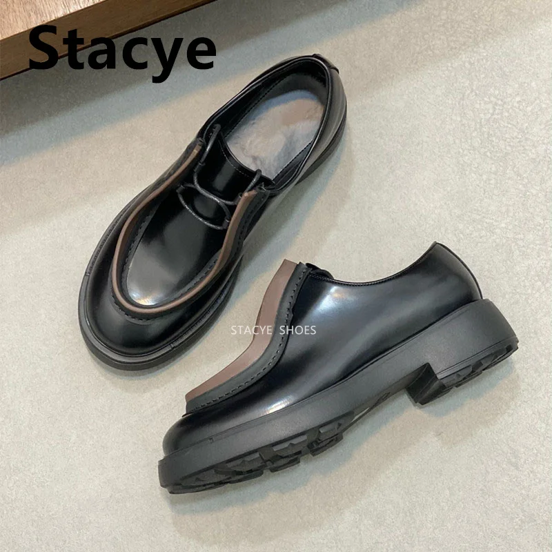2024New Brand Designed Natural Leather Black Platform Lace-up Women's Loafers 2024 New Quality Fashion Office Men's Casual Shoes