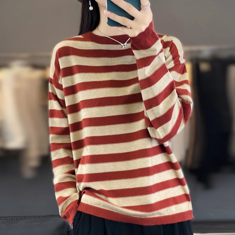 2024 Women\'s cashmere sweater sweater pullover striped knitted sweater Women\'s autumn and winter long sleeved loose sweater