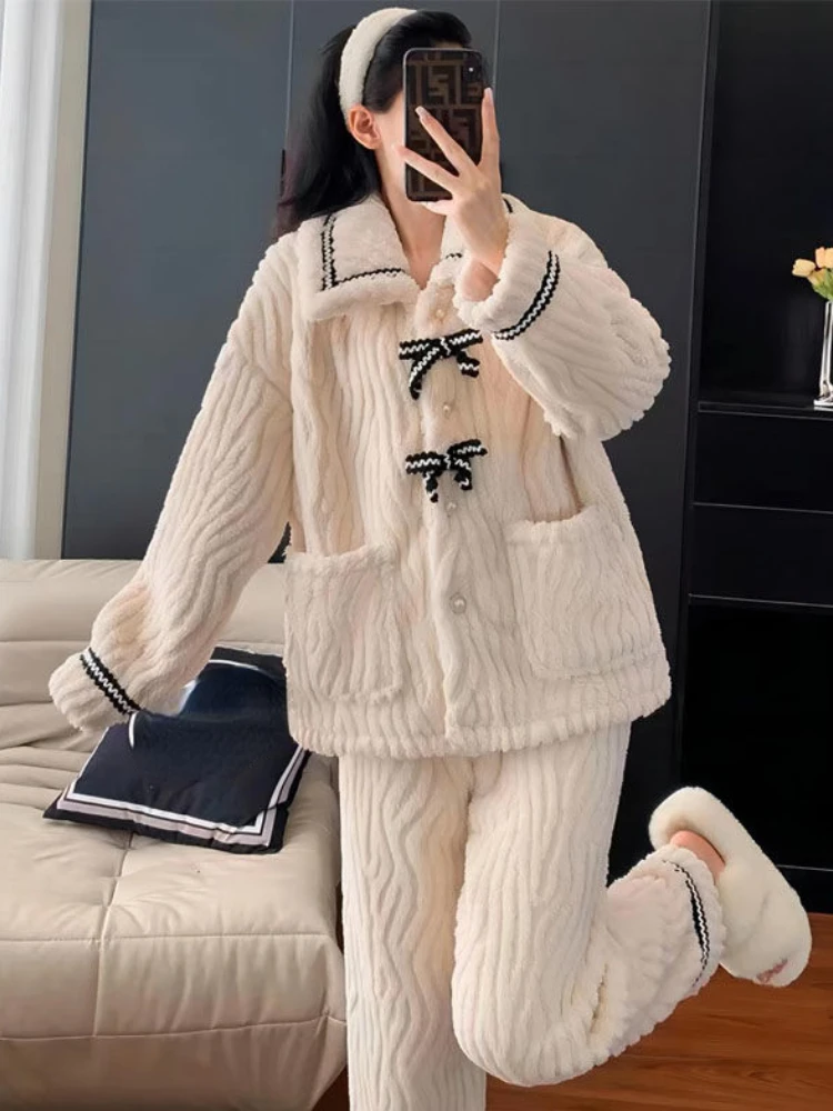 Pajama Sets Women Sleepwear Tender Cozy Bow Thicken Home All-match Ulzzang Loose Girlish Basic  Mujer Casual Fashion