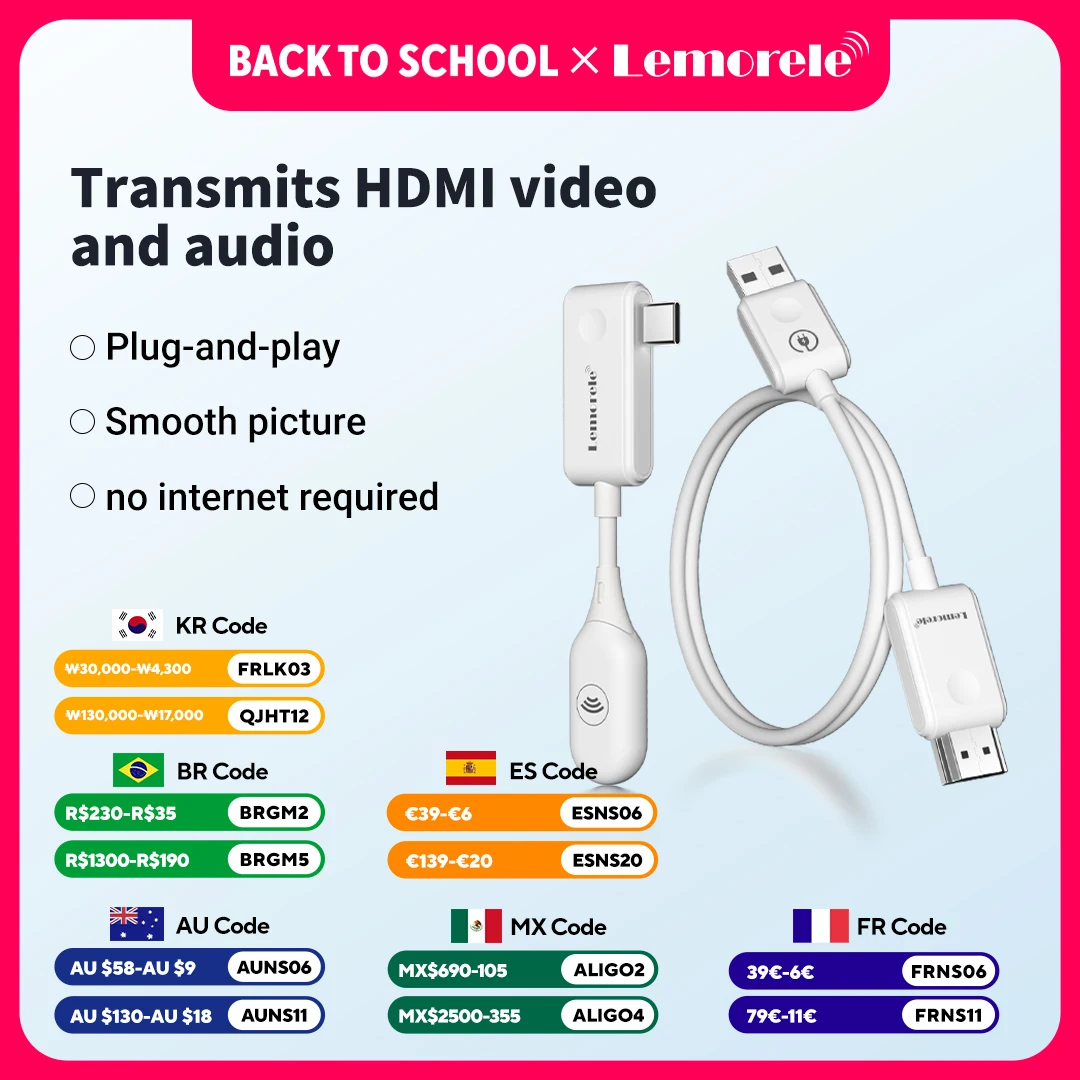 Lemorele Kit Extensor HDMI Sem Fio 30M com Transmissor e Receptor Tipo-C para TV, Câmera, Projetor e Celular