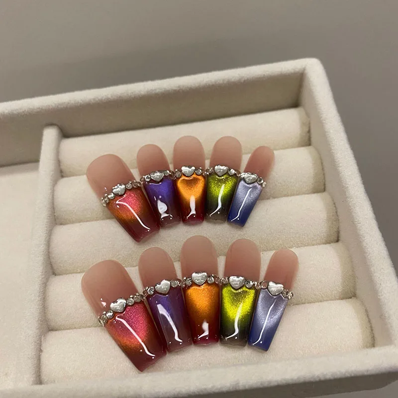 

10Pcs Handmade Press-on Nails Dopamine Gradient Cat's Eye Small Diamond French Fake Nail for Women&Girl Removable Wearable Nail