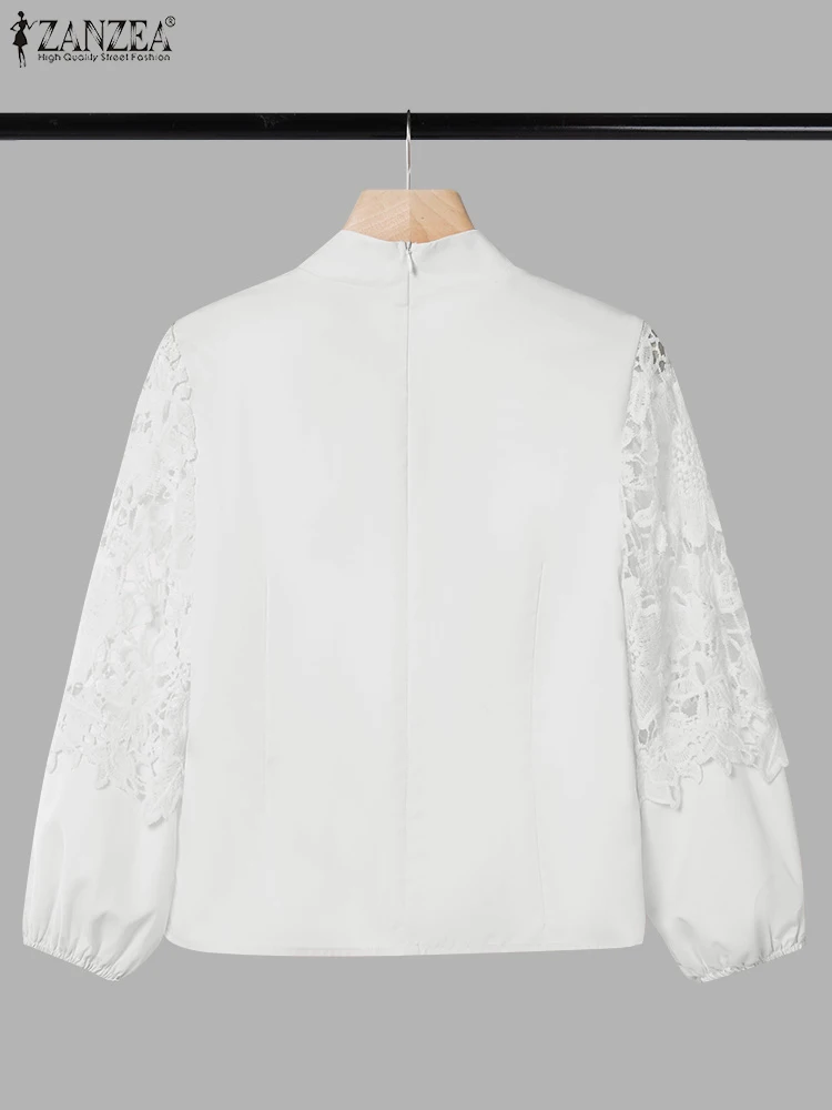 ZANZEA, Blusas elegantes de retazos de encaje para Mujer, Blusas transparentes de manga larga con cuello levantado para verano 2025, Tops informales de Color sólido para Mujer