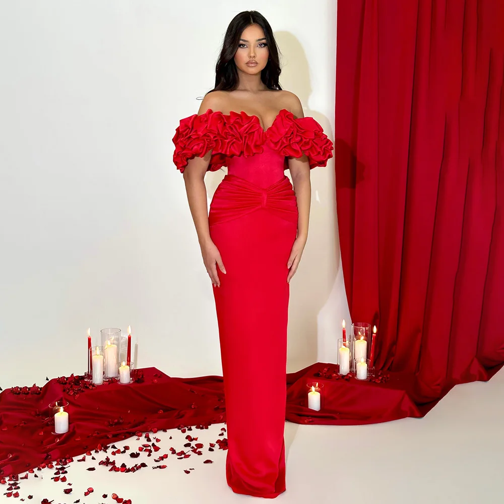 

Luxury Evening Dress Red Off the Shoulder Sheath/Column Women's Evening Gowns Long Backless Pleats Lace Up Formal Prom Dresses