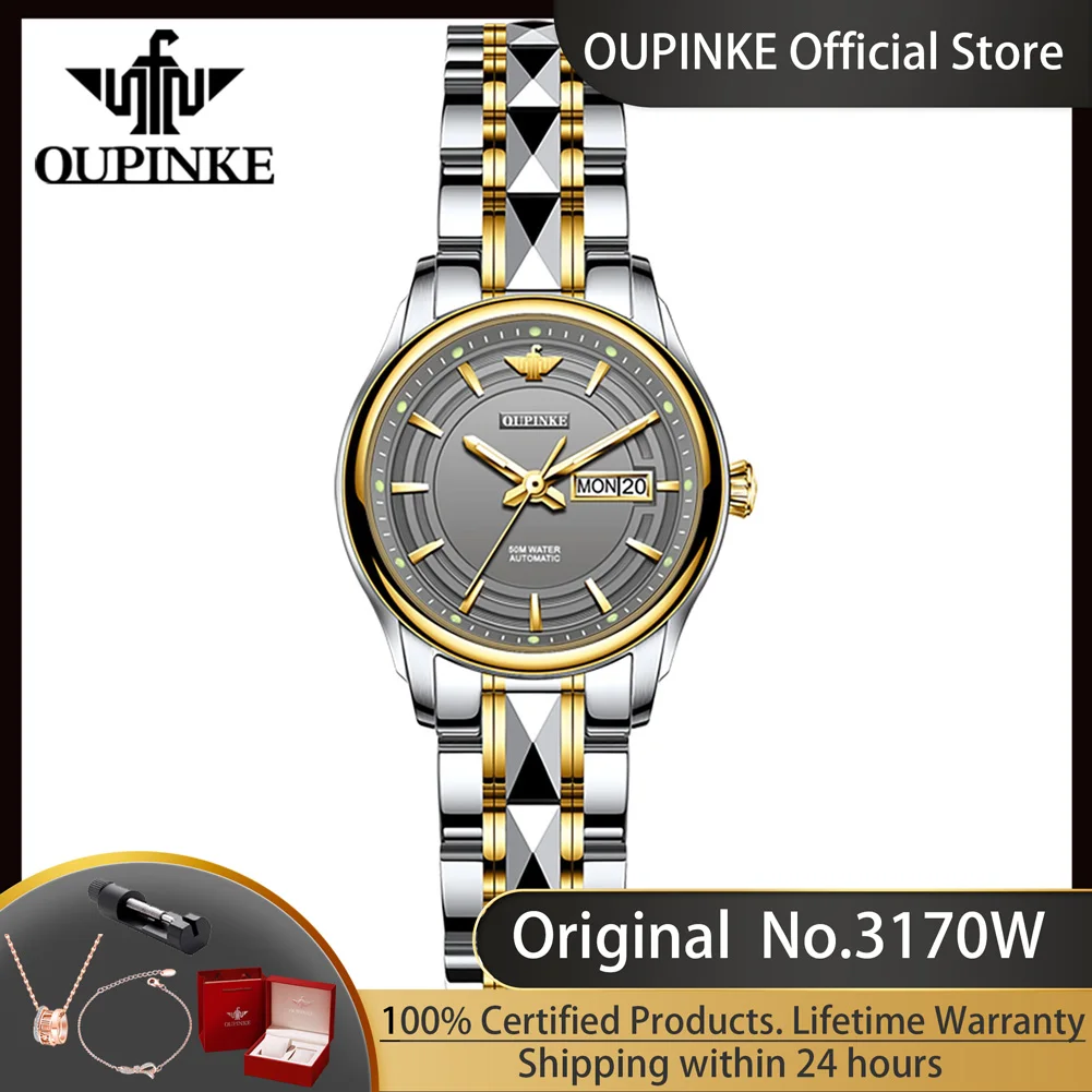 OUPINKE 3170 Woman Watch Luxury Tungsten Steel Strap Waterproof Dual Calendar Ladies Dress Wristwatch Automatic Mechanical Watch