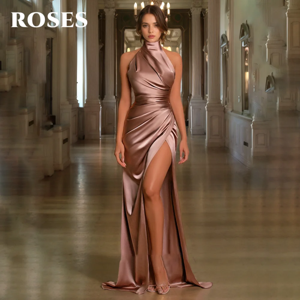 

ROSES High Neck Elegant Prom Dress Sexy Sleeveless Party Dresses Satin Side High Split Formal Gown abiti da cerimonia Customized