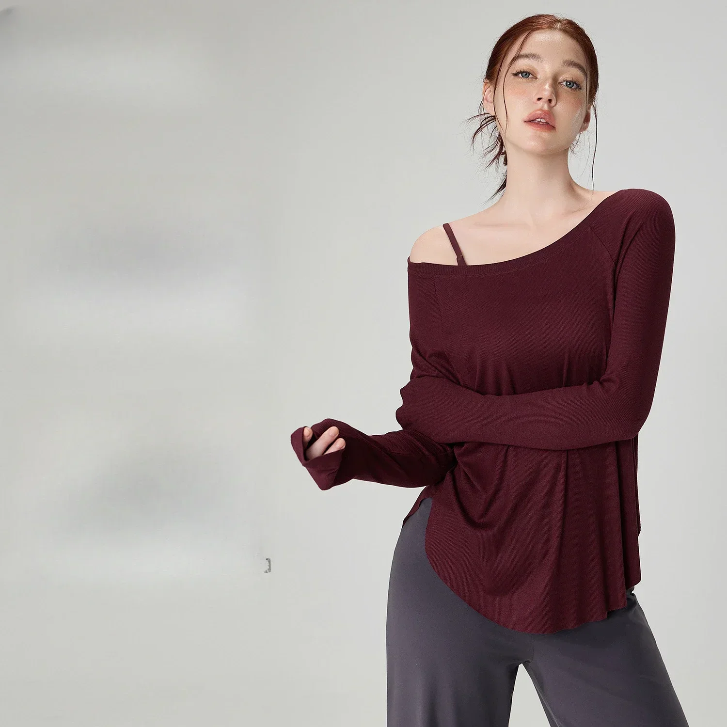 

Autumn new nude yoga clothes for women, loose and sexy off shoulder yoga tops, casual drape, sports long sleeves