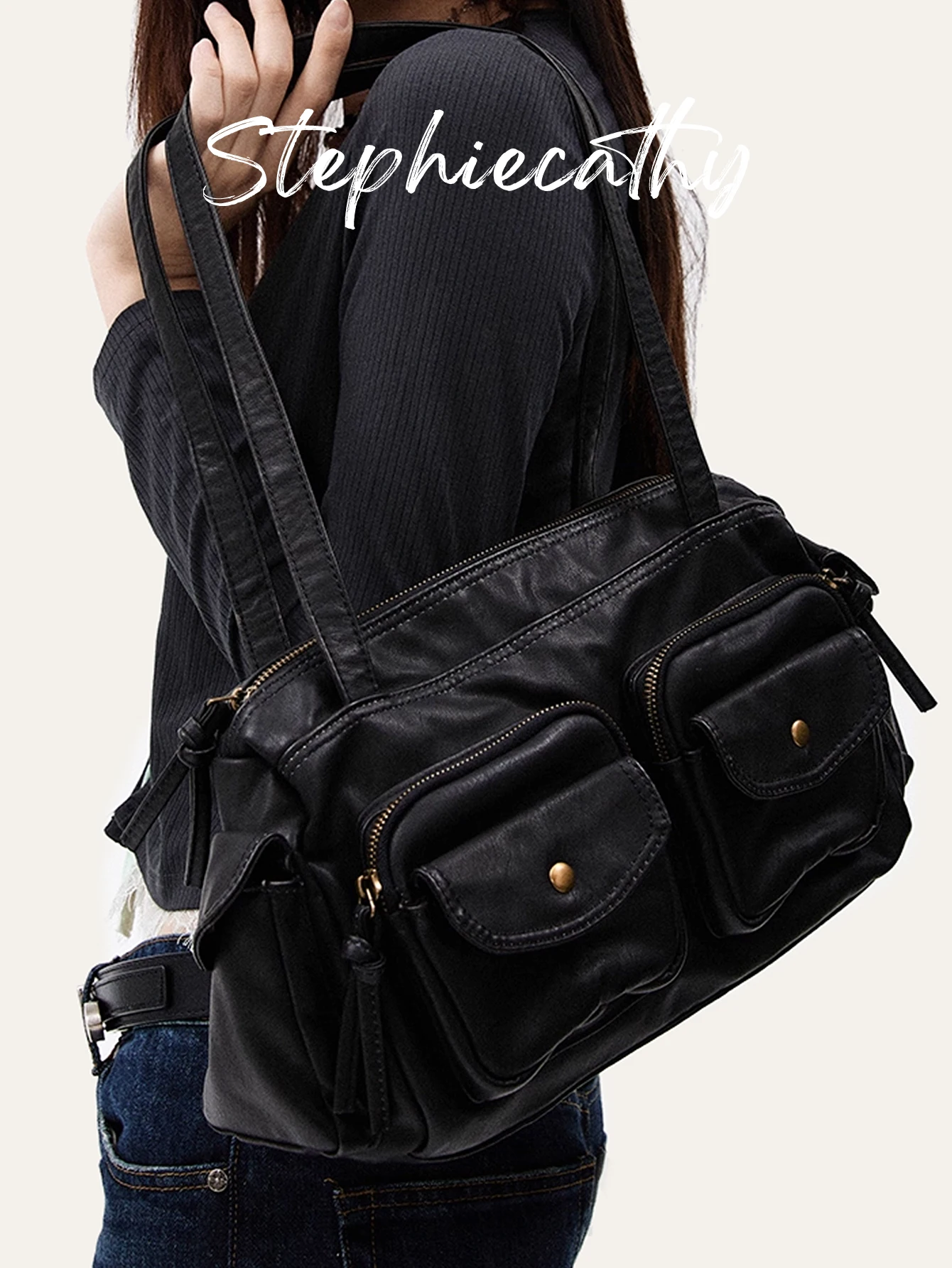 

SC Women Fashion Street Casual Washed PU Leather Pillow Bag Multi Flap Pockets Handbag Underarm Bag Daily Commute All Seasons