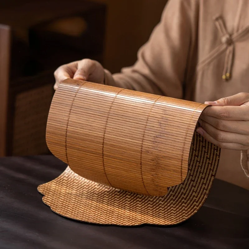Lacquer Bamboo Weaving Auspicious Cloud TeaMat, Hand-woven Table Flag, Zen Tea Making, Waterproof Tea Mat, Ceremony Accessories
