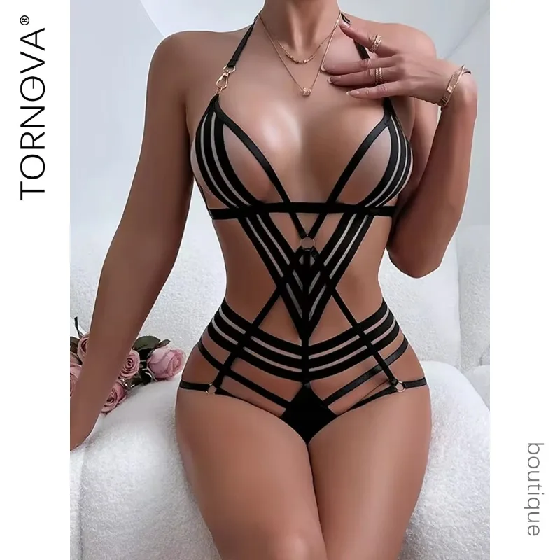 

Tornova Hollow Sexy Bodysuit for Women Bandage Halter Neck Crossover Bodysuit Backless Chain Patchwork Solid Color Underwear New