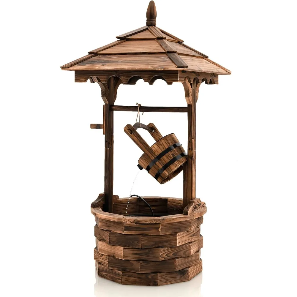 

Rustic Wishing Well Fountain, Outdoor Wooden Water Fountain with Electric Pump, 5 Adjustable Water Flow Rates, Water Bucket