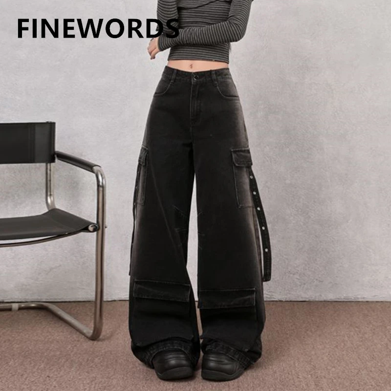 

Винтажные широкие джинсы FINEWORDS ярко-синего цвета для женщин, с высокой талией, свободного кроя, широкие штанины, полная длина, уличный стиль