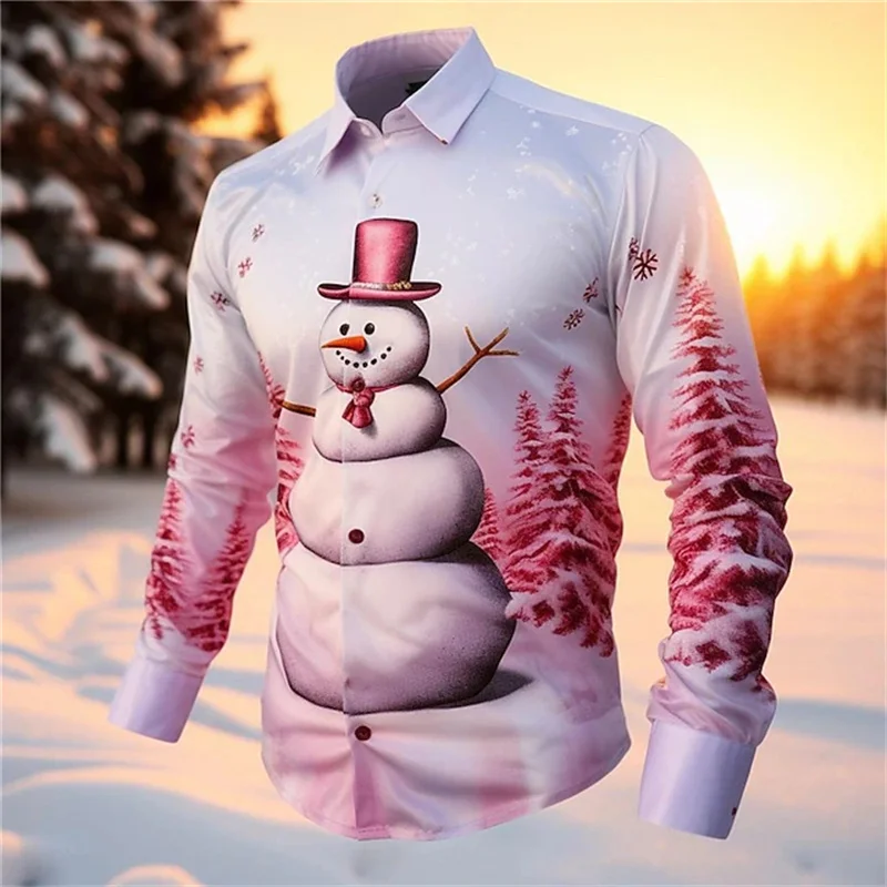 

Christmas Men's Snowman Print Shirt Casual Long Sleeve Daily Outing Autumn and Winter Lapel Button Shirt Black Pink