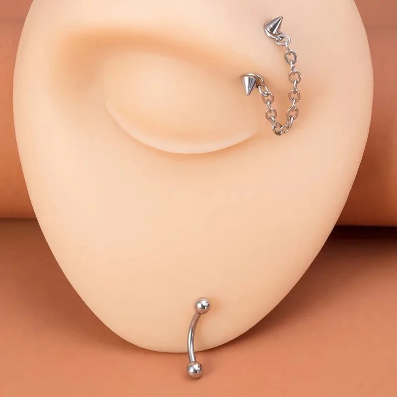 2pcs Stainless Steel Curved Barbell Eyebrow Ring with Chain Ball/Cone Cartilage Stud Earrings Multi-Purpose Piercing Jewelry view 4