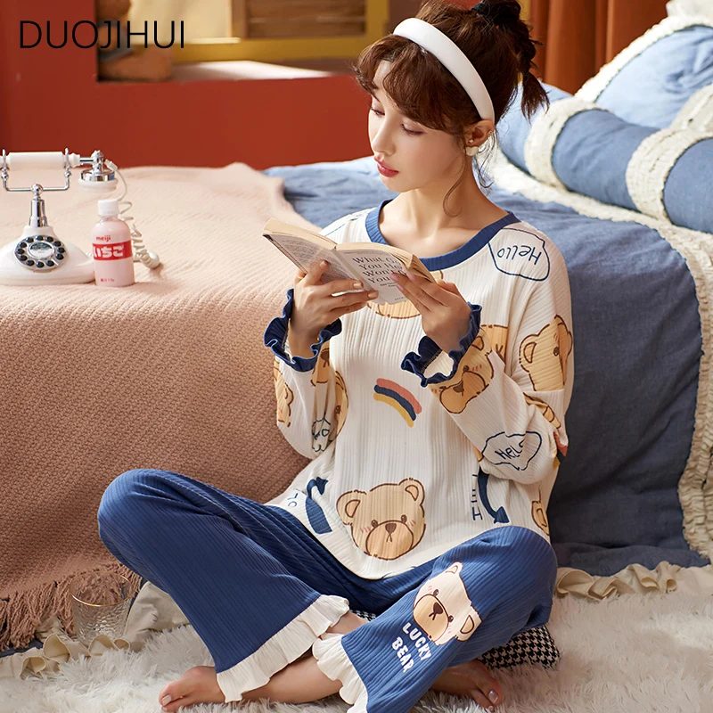 DUOJIHUI-Pyjama Coréen à Imprimé Chicly pour Femme, Ensemble Deux Pièces, Classique, Col Rond, Pantalon Simple, Mode Décontractée, Printemps