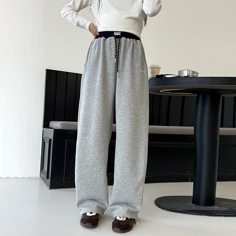 

Плюшевые повседневные брюки для девочек, зима 2025 года, новый стиль, детские прямые брюки с сращенной талией, большие детские толстые спортивные брюки tr