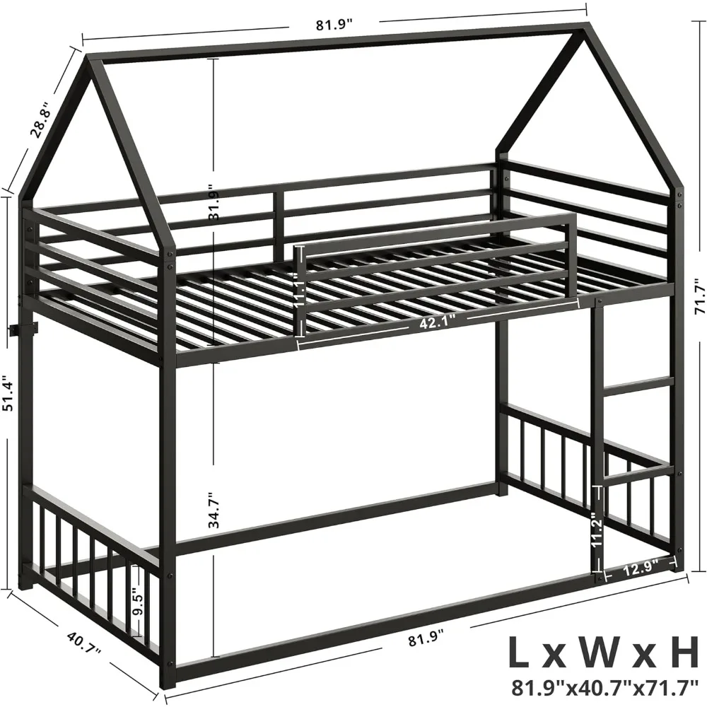 Bunk Bed Twin XL Over Twin XL, Metal Bunk Bed Frame with Ladder and Guardrail, House Shaped with Metal Slats for Dormito view 6