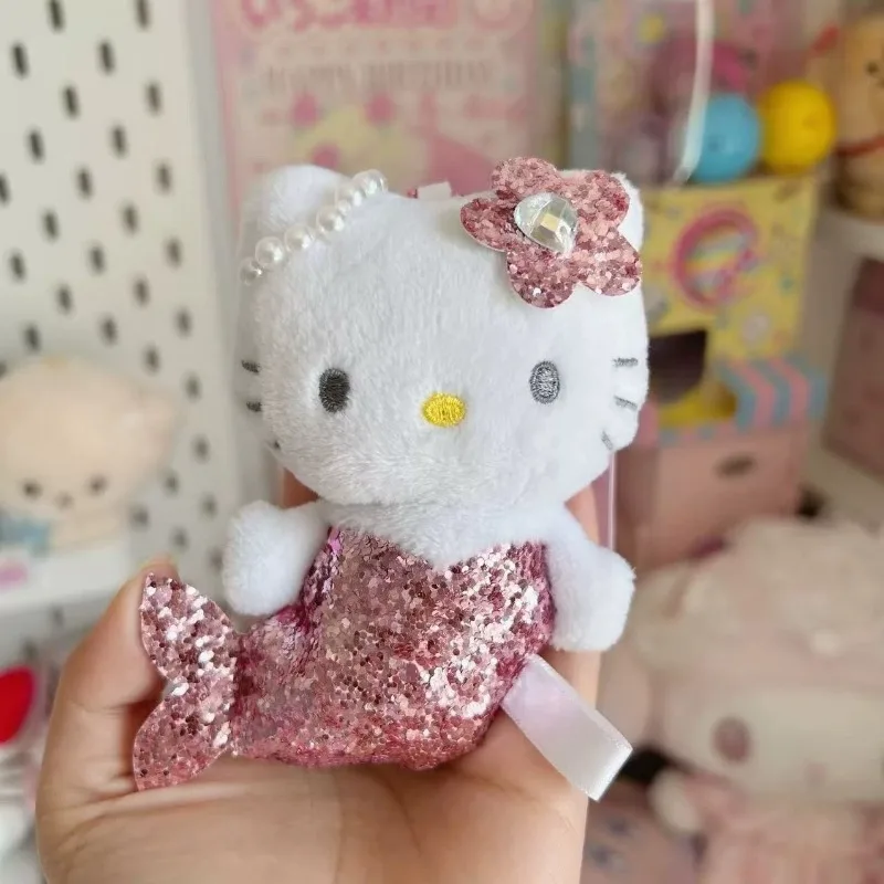 Sanrio Shiny Mermaid Hello Kitty Plush doll Keychains blink pink Kitty cat toy Pendant Anime Cartoon Mermaid Plushie Key ring