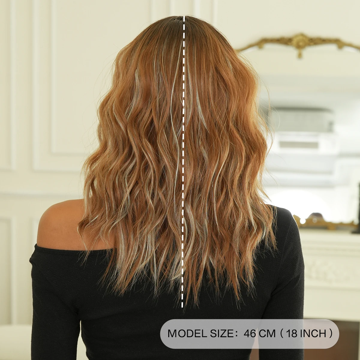 7JHH WIGS Shoulder Length Water Wave Golden Brown Wig for Women Modest Fashion Synthetic Highlight Beige Wigs with Neat Bangs - view 4