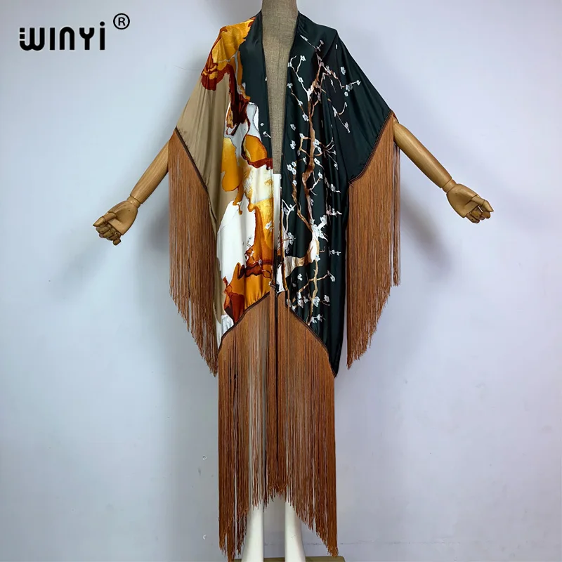 

WINYI tassels kimono cover-up summer print Bikini Cover-up Elegant fashion Cardigan sexy Holiday long Sleeve tassels maxi dress