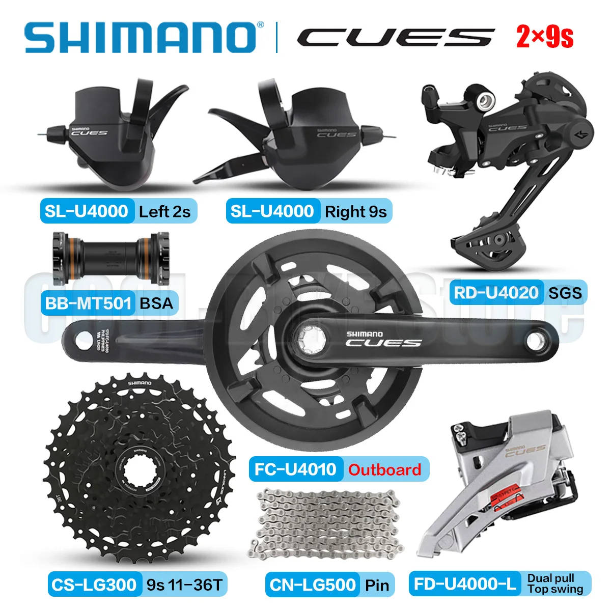 Shimano CUES U4000 Групповой набор 2×9s FC-U4000-2 FC-U4010-2 SL-U4000 RD-U4020 Кассетная звездочка LG400 Цепь LG500 Часть велосипеда MTB