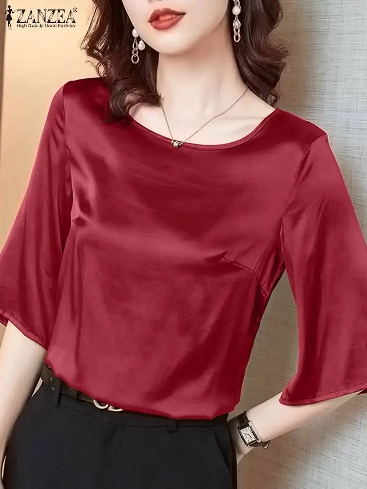 ZANZEA Women Short Sleeve Satin Blouse Fashion Tunic Tops Elegant Lady Office Shirt Casual Party HolidayTunic Party Blusas Mujer