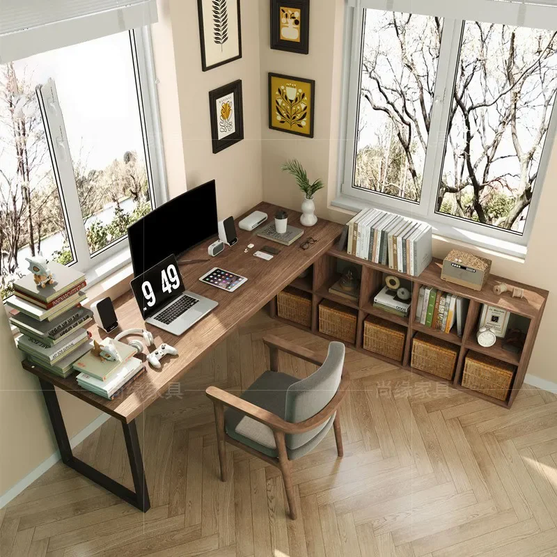 For Solid Wood Corner Desk Bookcase Integrated L Shaped Large Board Double Computer Desk Household Study Room Space Saving