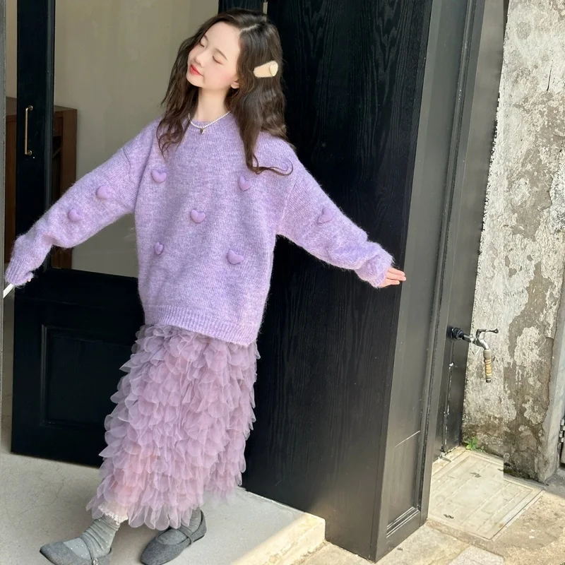 

Girl's 3D Love Purple Sweater 2026 Autumn/Winter New Fashion Children's Clothing 5-14 Year Old Top Children's Gift