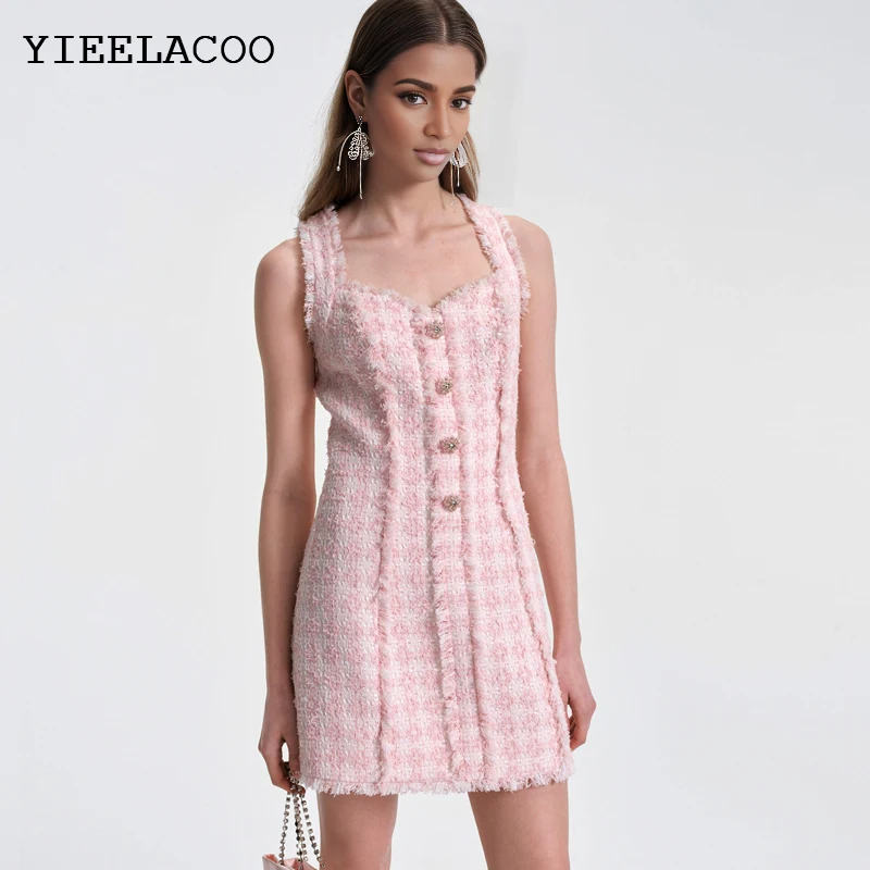 

Pink Tweed Dress 2025 spring / autumn women's dress tassel slim one-piece Ladies Classic bottoming dress