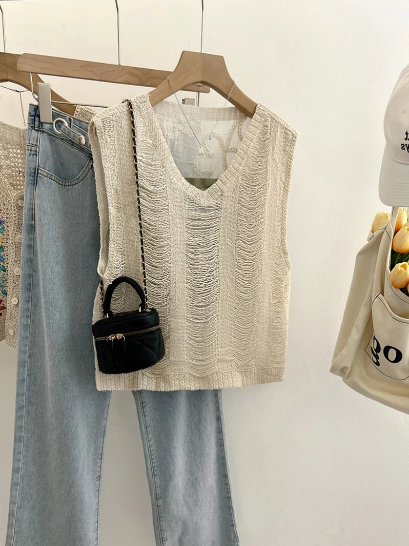 

Summer 2024 Women's Thin Loose ort Knitted Vest Hollow V-ne Tassel Svel Tank Top Commute Sle Regular Length Pure ...