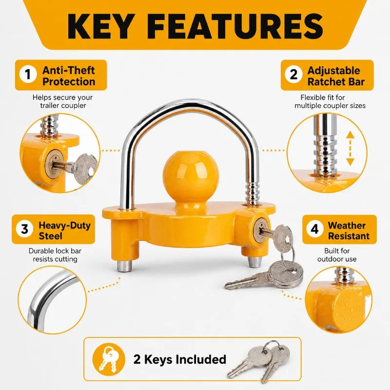 Adjustable Trailer Coupler Lock, Heavy-Duty Anti-Theft Hitch Lock for 1
