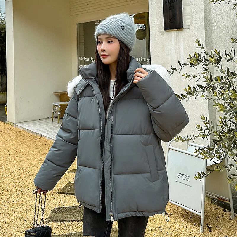 Women\'s Padded Hooded Short Jacket, Casual Glossy Coat, Warm Cotton Parkas, Fur Collar, Thick, Solid, Winter