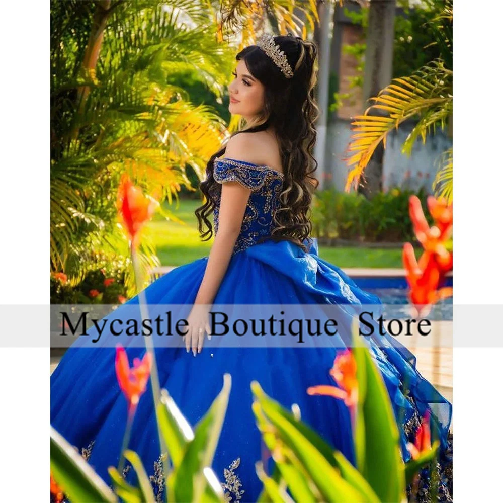 Mexico Royal Blue Beaded Lace Quinceanera Dresses Ball Gown 2025 Bow Appliques Sweet 16 Dress Customized Vestidos De Quinceañera