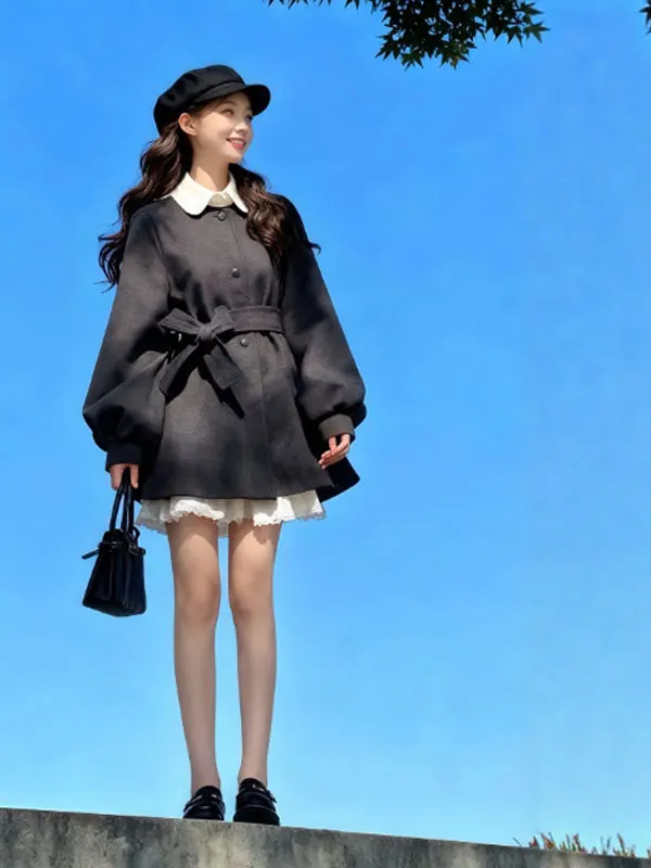 

Корейское шерстяное пальто в стиле Хепберн с поясом на талии, модное, для невысоких, объемное, зима 2025, эксклюзивно онлайн