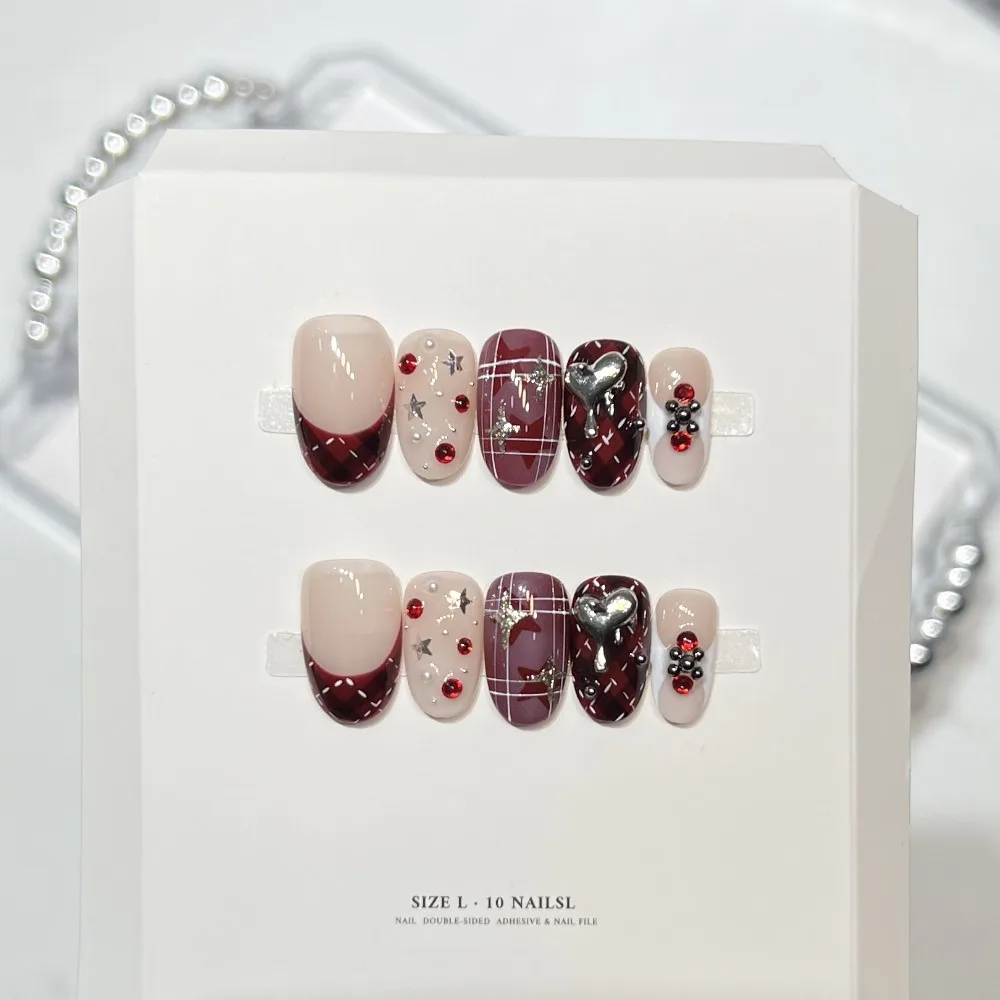 

10 Pieces Autumn Winter Red French Plaid Handmade Press On Nails 3D Heart Shaped Ruby ​​Star Shiny Fake Nails Removable Reusable