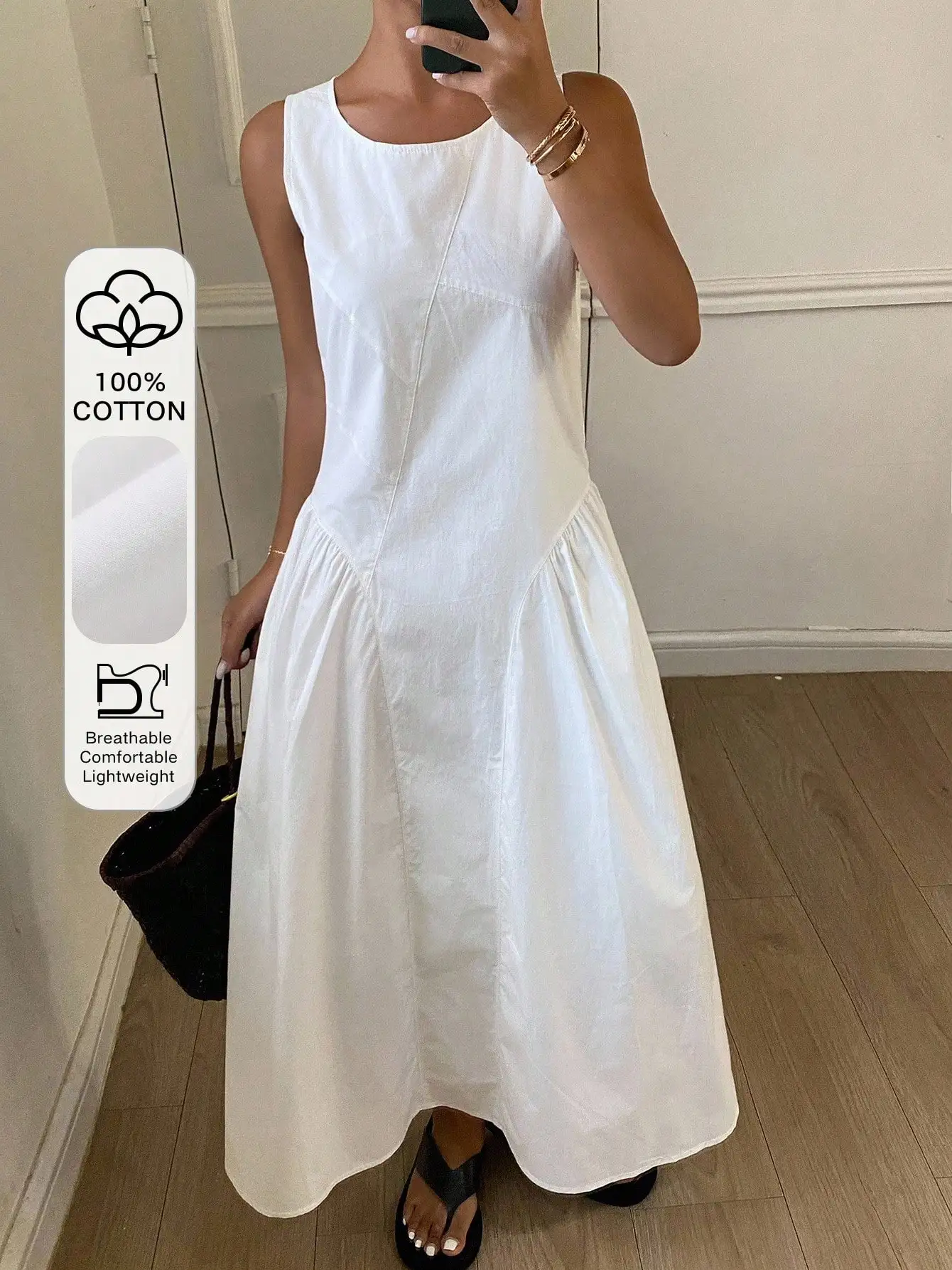 

Женское белое хлопковое платье миди без рукавов с круглым вырезом и А-образным силуэтом