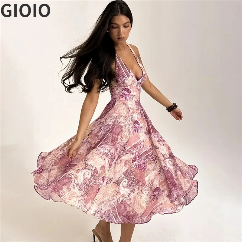 GIOIO moda 2024 autunno sexy scava fuori stampa trasparente backless halter maxi abito senza maniche abito sexy donna signora