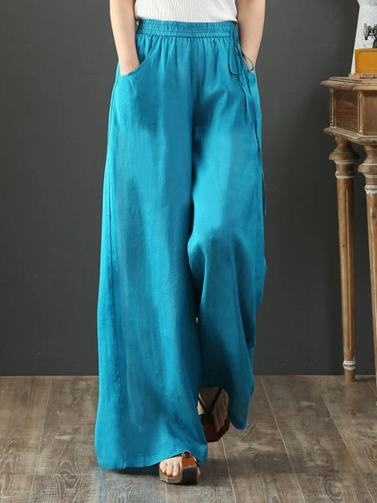 Pantaloni estivi a gamba larga in cotone e lino sottile da donna Pantaloni casual drappeggiati larghi a taglio dritto Pantaloni lunghi a vita alta per pendolari Sle
