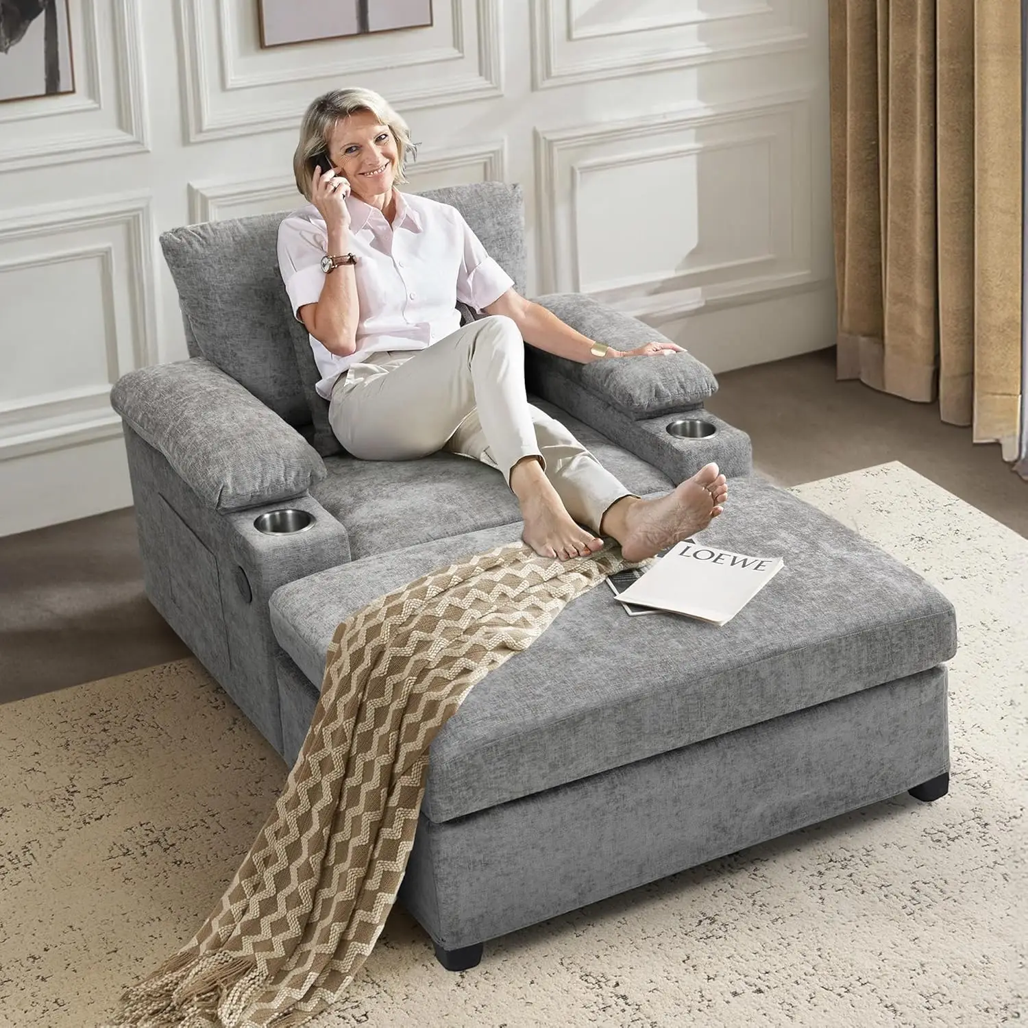 

Chaise Lounge Chair Indoor with Storage, Ottoman, USB & Cup Holder, Oversized Single Sleeper Sofa Chair for Living Room, Bedroom