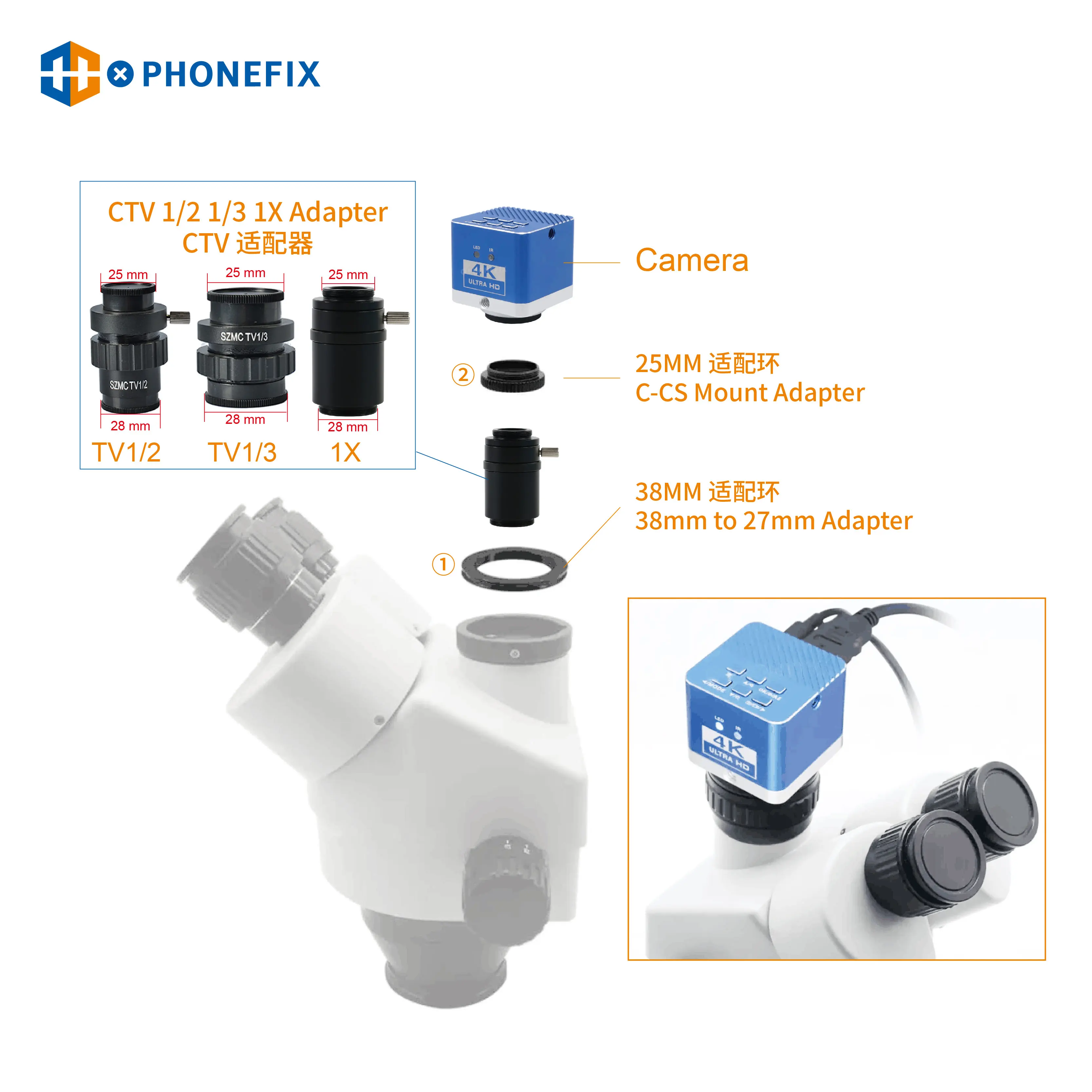 CTV adaptador de montaje en C ajustable, anillo de 38MM para microscopio estéreo Trinocular, cuerpo, conectar con cámara de Video USB, 1x0,35x0,5 x