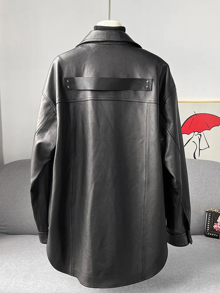 Spring New Women Loose Fit Sheepskin Genuine Leather Jacket Single Breasted Office Ladies Work Tops Designer Casual Outwear Coat