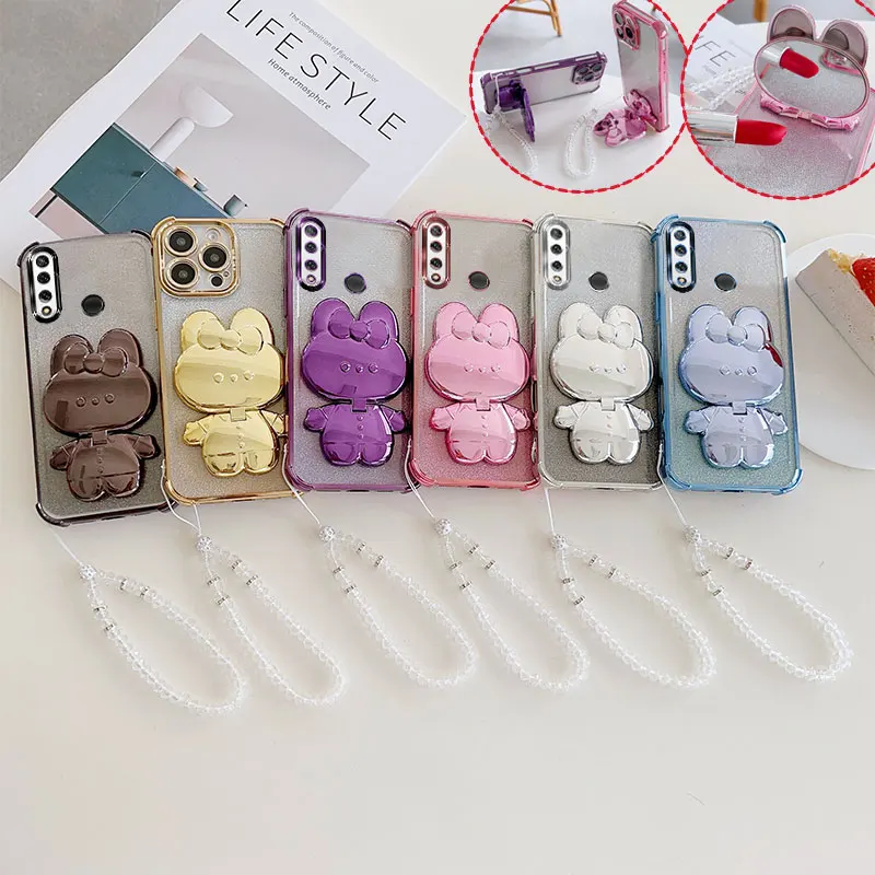 Shockproof Phone Case with Rabbit Makeup Stand Crystal Lanyard For Huawei Y9 Prime 2019 Y9s P SmartPro Z Honor 9X Pro Back Cover
