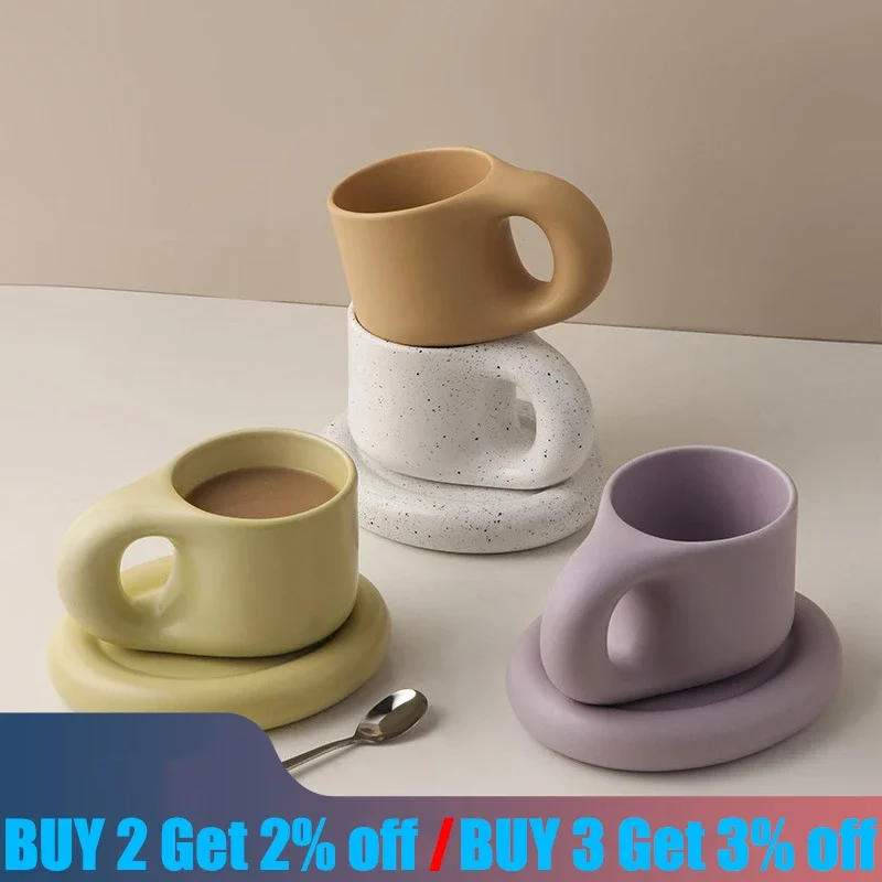 

300ml Creative Nordic Home Decoration Handmade Fat Handle Mug Oval Plate Personalized Ceramic Cup Saucer Coffee Tea Milk Cake