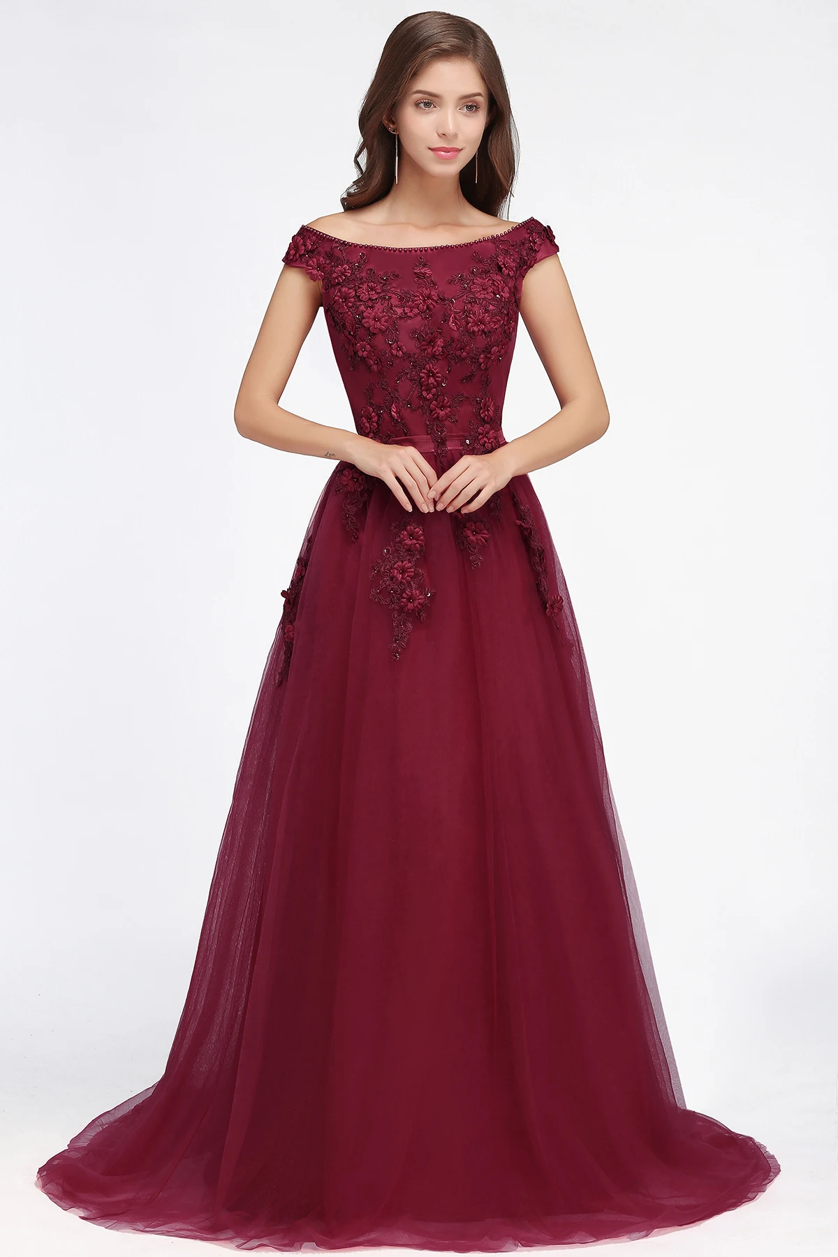 BABYONLINE  Burgundy Evening Dress Off-shoulder Bodice Paddigns 3D Flowers Beading Top  Long Skirt Tulle Formal Party Ball