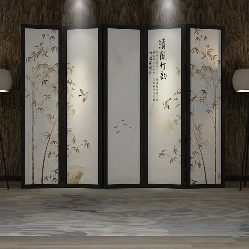 for New Chinese Style Folding Mobile Screen Partition for Porch Living Room Bamboo Frame Cloth Art Screen Fashionable and