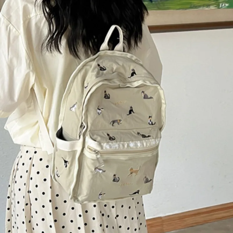 달콤한 귀여운 수 놓은 고양이 배낭 여성 카키 대용량 경량 데이 팟 여성용 일상 통근 다목적 Mochilas Mujer