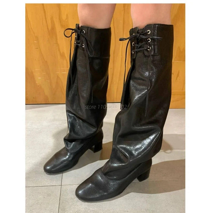 Women Black Brown Leather Ruched Knee High Boots Round Toe Lace Up Chunky High Heel Slouchy Stacked Boots Combat Western Boots view 5