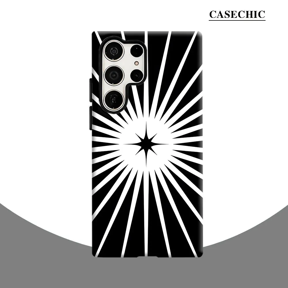 Black White Star Burst Phone Case for Samsung Galaxy S26 S25 Ultra S24 S23 Ultra Plus Shockproof Double layer tough Back Cover
